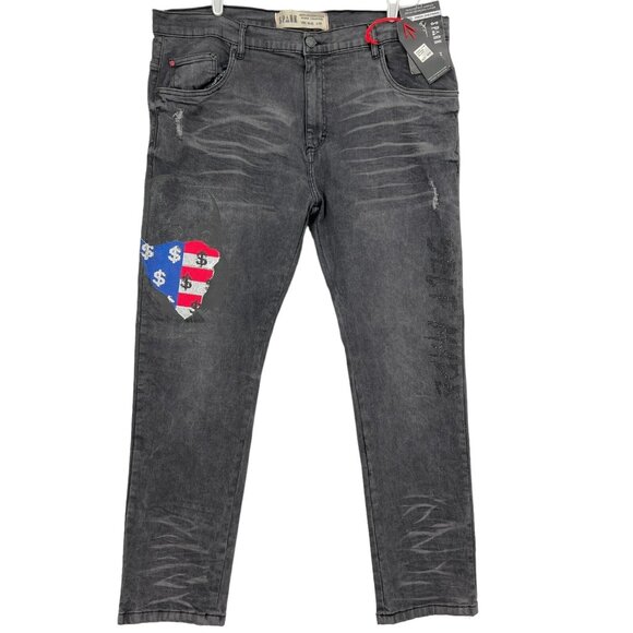 NWT SPARK Mens Slim Straight Distressed Stretch Mid Wash Black Denim Jeans 42x32 - Picture 1 of 14